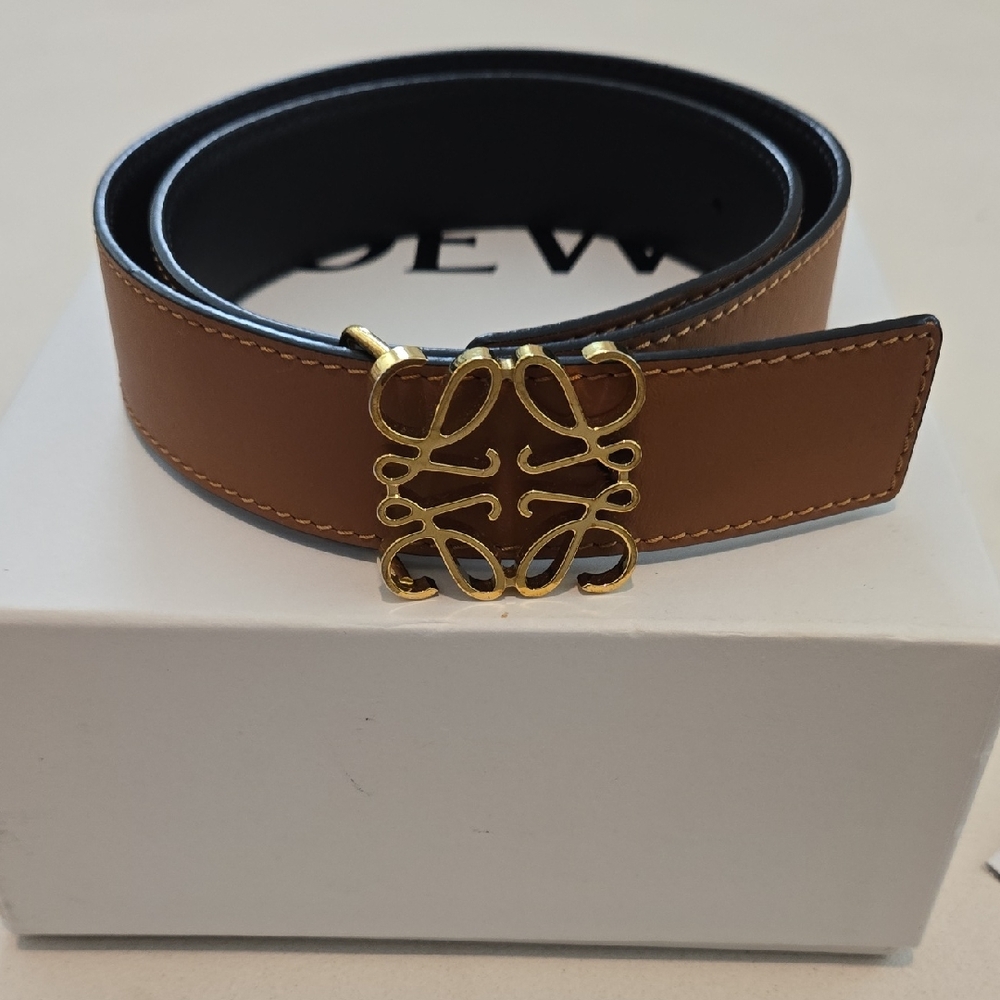 LOEWE Anagram Tan Black Belt with Gold Buckle Size 70